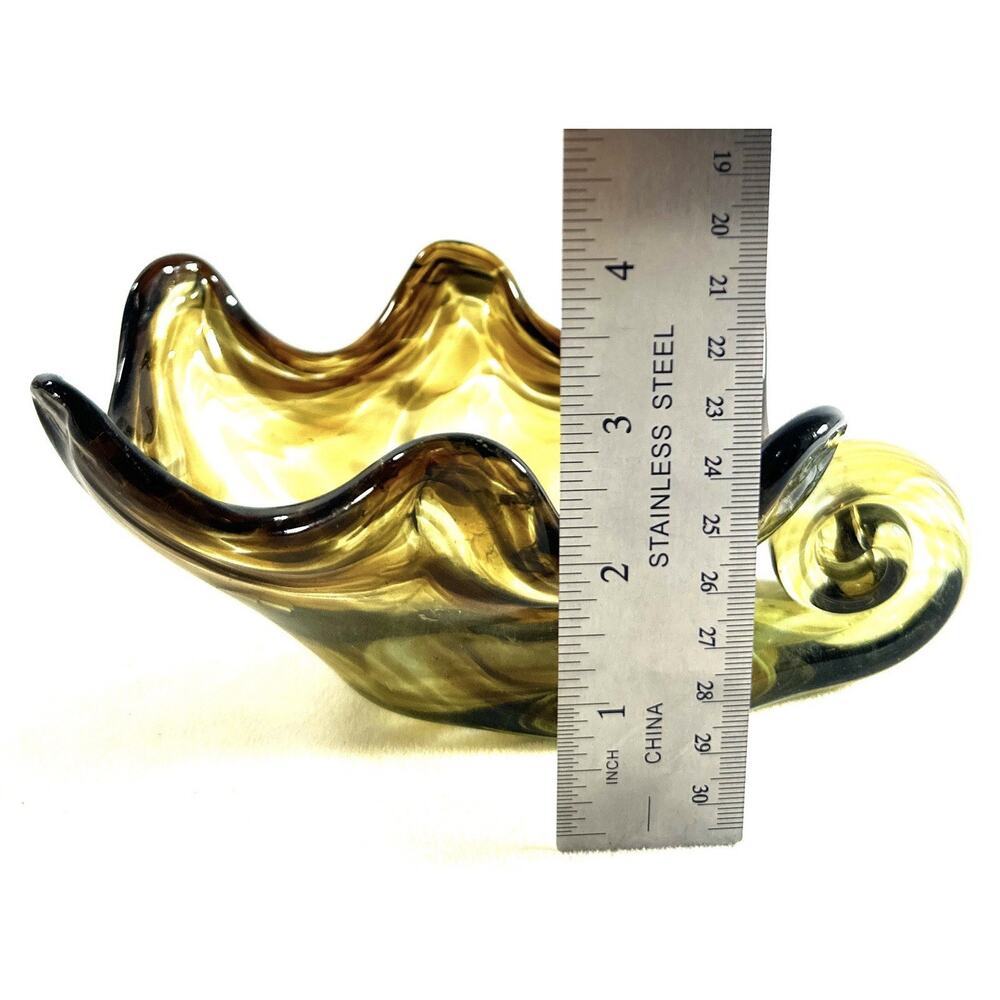 Sooner Art Glass Bowl Hand Blown Amber Swirl with Spiral Handle 7” Long - Picture 7 of 8